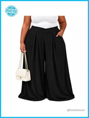 Plus Size Palazzo Pants High Waisted Wide Leg Crinkle Pleated with Pockets